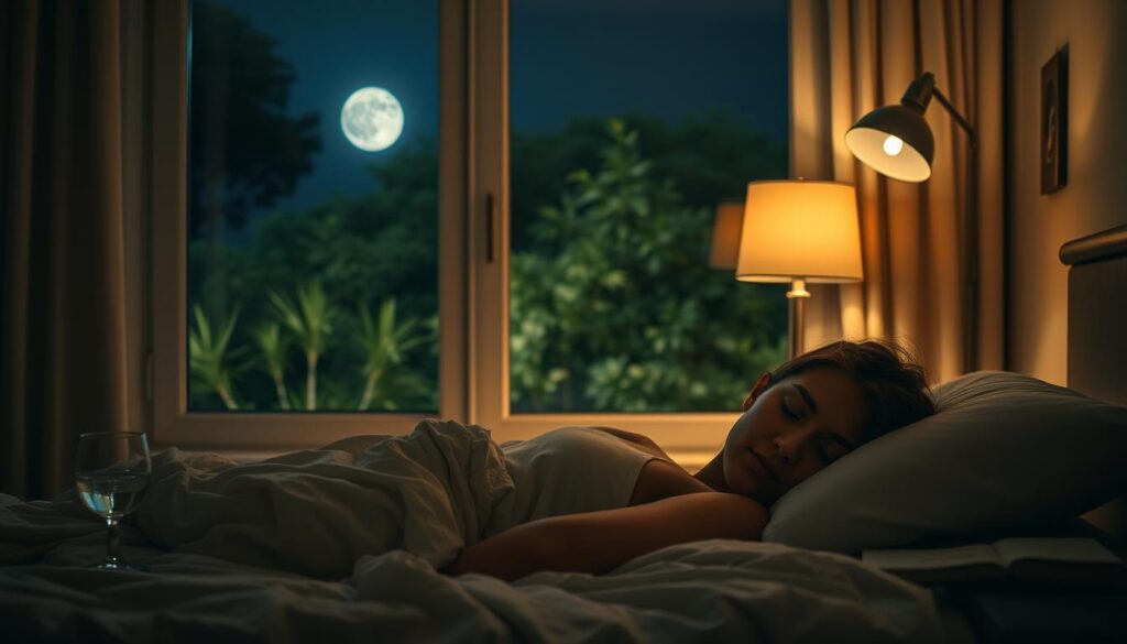 A serene, dimly lit bedroom scene at night. In the foreground, a person resting peacefully in bed, their face relaxed and expression tranquil. Nearby, a glass of water and a book on a bedside table. The middle ground features a window overlooking a lush, moonlit garden, providing a calming, natural backdrop. Soft, warm lighting from a lamp casts a gentle glow throughout the room, creating an atmosphere of rest and rejuvenation. The overall mood is one of relaxation, recovery, and the importance of sleep and stress management during a fitness journey. A serene, dimly lit bedroom scene at night. In the foreground, a person resting peacefully in bed, their face relaxed and expression tranquil. Nearby, a glass of water and a book on a bedside table. The middle ground features a window overlooking a lush, moonlit garden, providing a calming, natural backdrop. Soft, warm lighting from a lamp casts a gentle glow throughout the room, creating an atmosphere of rest and rejuvenation. The overall mood is one of relaxation, recovery, and the importance of sleep and stress management during a fitness journey.
