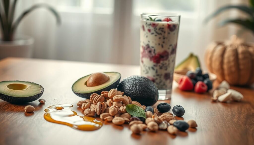 A sleek and stylish composition showcasing a variety of healthy fats in a post-workout setting. The foreground features a polished wooden table with a selection of nuts, avocado slices, and a drizzle of extra virgin olive oil, all arranged in an aesthetically pleasing manner. The middle ground depicts a glass of refreshing smoothie, packed with nutrient-rich ingredients like Greek yogurt, berries, and chia seeds. The background is softly lit, evoking a warm, cozy atmosphere, with a hint of greenery or a minimalist interior design to accentuate the health-conscious theme. The overall image conveys a sense of balance, nourishment, and the importance of incorporating healthy fats into a post-workout recovery routine. A sleek and stylish composition showcasing a variety of healthy fats in a post-workout setting. The foreground features a polished wooden table with a selection of nuts, avocado slices, and a drizzle of extra virgin olive oil, all arranged in an aesthetically pleasing manner. The middle ground depicts a glass of refreshing smoothie, packed with nutrient-rich ingredients like Greek yogurt, berries, and chia seeds. The background is softly lit, evoking a warm, cozy atmosphere, with a hint of greenery or a minimalist interior design to accentuate the health-conscious theme. The overall image conveys a sense of balance, nourishment, and the importance of incorporating healthy fats into a post-workout recovery routine.