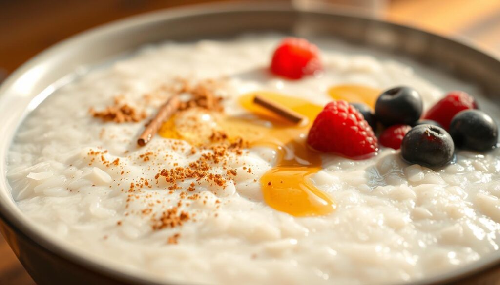 A steaming bowl of homemade rice porridge, its creamy white surface dotted with tender grains. The porridge is garnished with a sprinkle of fragrant cinnamon, a drizzle of golden honey, and a scatter of fresh, juicy berries, perhaps raspberries or blueberries. The lighting is soft and warm, casting a gentle glow on the dish. The camera angle is slightly elevated, providing a clear, appetizing view of the comforting, nourishing rice porridge. The overall mood is one of simplicity, comfort, and healthfulness, reflecting the soothing nature of this traditional, wholesome dish. A steaming bowl of homemade rice porridge, its creamy white surface dotted with tender grains. The porridge is garnished with a sprinkle of fragrant cinnamon, a drizzle of golden honey, and a scatter of fresh, juicy berries, perhaps raspberries or blueberries. The lighting is soft and warm, casting a gentle glow on the dish. The camera angle is slightly elevated, providing a clear, appetizing view of the comforting, nourishing rice porridge. The overall mood is one of simplicity, comfort, and healthfulness, reflecting the soothing nature of this traditional, wholesome dish.