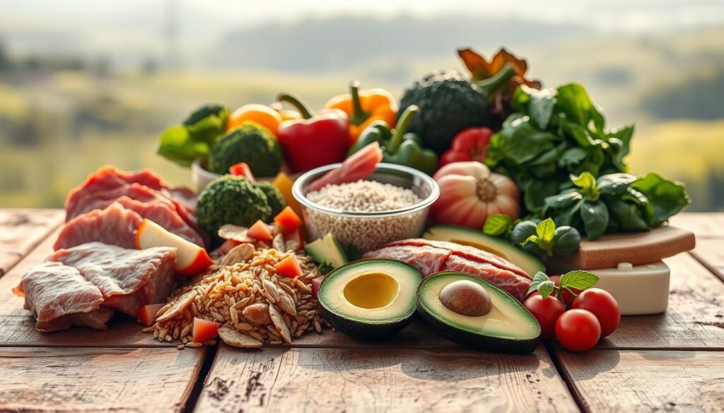 A still life arrangement showcasing the key macronutrients for weight loss - protein, carbohydrates, and healthy fats. In the foreground, a selection of lean meats, whole grains, and avocado slices are displayed on a rustic wooden table, bathed in warm, natural lighting. In the middle ground, a variety of colorful vegetables, such as broccoli, bell peppers, and spinach, are neatly arranged, conveying a sense of balance and nutrition. The background features a subtle, blurred landscape, suggesting a peaceful, tranquil setting conducive to mindful, healthy eating. The overall mood is one of simplicity, wholesomeness, and a holistic approach to weight management through a well-proportioned macronutrient intake. A still life arrangement showcasing the key macronutrients for weight loss - protein, carbohydrates, and healthy fats. In the foreground, a selection of lean meats, whole grains, and avocado slices are displayed on a rustic wooden table, bathed in warm, natural lighting. In the middle ground, a variety of colorful vegetables, such as broccoli, bell peppers, and spinach, are neatly arranged, conveying a sense of balance and nutrition. The background features a subtle, blurred landscape, suggesting a peaceful, tranquil setting conducive to mindful, healthy eating. The overall mood is one of simplicity, wholesomeness, and a holistic approach to weight management through a well-proportioned macronutrient intake.