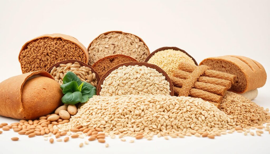 A still life image depicting a variety of whole grain carbohydrates, set against a clean, minimalist background. In the foreground, a selection of different whole wheat breads, oats, quinoa, and brown rice grains are arranged in a visually appealing composition. Lighting is soft and diffused, casting gentle shadows that accentuate the textures and colors of the foods. The middle ground features a few leafy greens, such as spinach or kale, to complement the starchy subjects. The background is a simple, neutral tone that allows the carbohydrate-rich ingredients to be the central focus. The overall mood is one of health, wellness, and a balanced, nutrient-dense diet for weight management. A still life image depicting a variety of whole grain carbohydrates, set against a clean, minimalist background. In the foreground, a selection of different whole wheat breads, oats, quinoa, and brown rice grains are arranged in a visually appealing composition. Lighting is soft and diffused, casting gentle shadows that accentuate the textures and colors of the foods. The middle ground features a few leafy greens, such as spinach or kale, to complement the starchy subjects. The background is a simple, neutral tone that allows the carbohydrate-rich ingredients to be the central focus. The overall mood is one of health, wellness, and a balanced, nutrient-dense diet for weight management.
