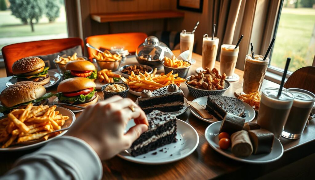 A sumptuous feast of indulgence on a cheat day during a fat-burning diet. A central table laden with tempting treats - juicy burgers, crispy fries, decadent chocolate cake, creamy milkshakes, and more. The scene is bathed in warm, golden light, casting a cozy, indulgent mood. In the foreground, a pair of hands reaching for a slice of cake, while in the background, a window reveals a tranquil, park-like setting, hinting at the need to balance the occasional indulgence. The composition is well-balanced, with the focus on the delectable spread in the middle ground. The overall atmosphere evokes a sense of guilt-free pleasure, a moment of indulgence within a broader healthy lifestyle.