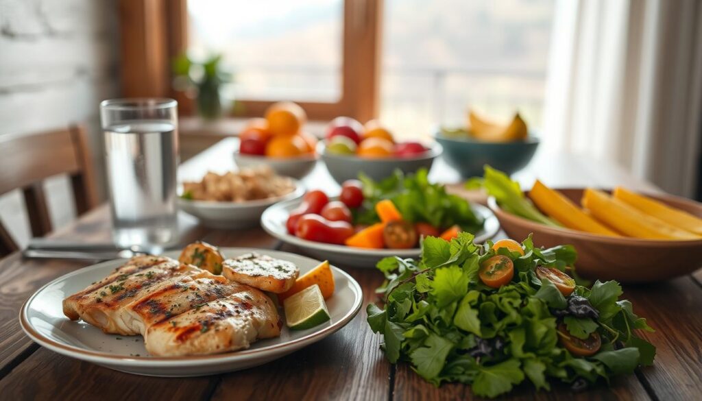 A sumptuous, healthy dinner spread on a rustic wooden table. In the foreground, a plate of grilled chicken breast, roasted vegetables, and a leafy green salad. In the middle ground, a glass of water and a bowl of fresh fruit. The background features a window overlooking a tranquil, natural landscape, with soft, diffused lighting casting a warm, cozy glow. The overall scene conveys a sense of balance, nourishment, and mindful eating - the perfect meal for a weight-loss journey.