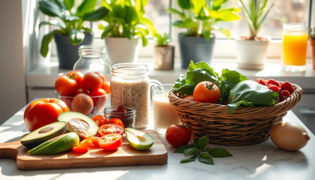 A sun-drenched kitchen counter, meticulously arranged with a variety of fresh, colorful ingredients for a healthy breakfast. In the foreground, a wooden cutting board holds sliced avocado, juicy tomatoes, crisp bell peppers, and a basket of farm-fresh eggs. The middle ground features a glass jar of overnight oats, a bowl of fresh berries, and a glass of freshly squeezed orange juice. In the background, a plant-filled windowsill casts a warm, natural light over the scene, creating a serene and inviting atmosphere. The overall composition conveys the idea of a balanced, nutritious, and visually appealing breakfast that aligns with the principles of a healthy diet during a weight-loss or fitness regimen.