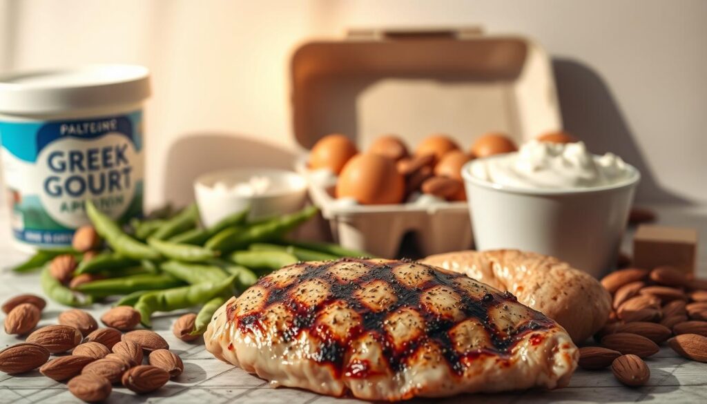 A vibrant still life featuring an array of protein-rich foods against a minimalist backdrop. In the foreground, a succulent grilled chicken breast, seasoned to perfection, sits alongside a carton of fresh eggs. Behind them, a scattering of roasted almonds, crisp edamame pods, and a tub of creamy Greek yogurt create a visually balanced composition. The lighting is soft and natural, casting warm shadows that accentuate the textures and colors of the ingredients. The overall mood is one of health, nourishment, and the pursuit of a balanced diet for muscle maintenance. The scene is captured at a slight angle, creating depth and drawing the viewer's eye towards the central focus of the image.