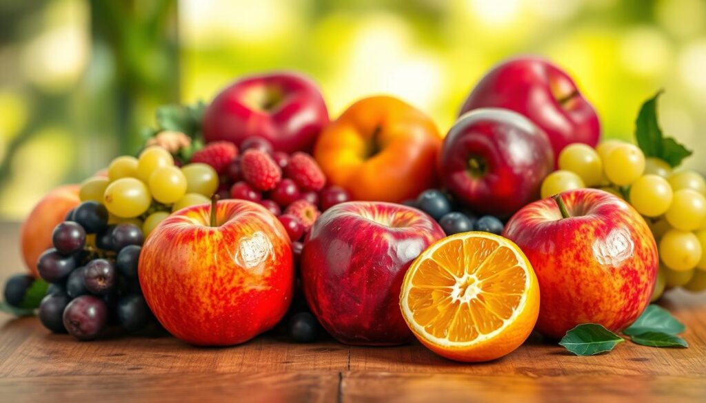 A vibrant still life featuring an assortment of fresh, juicy fruits arranged on a wooden table. In the foreground, a cluster of ripe, glossy red apples and a juicy orange, illuminated by soft, natural lighting. In the middle ground, a mix of seasonal berries, plums, and a handful of green grapes, their colors contrasting beautifully. The background is blurred, creating a sense of depth and focus on the central arrangement. The overall mood is one of health, wellness, and the joyful celebration of nutritious, seasonal produce - the perfect illustration for an article on the best fruits for a weight-loss diet.