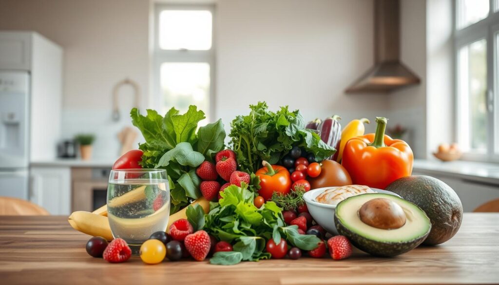 A vibrant still life scene depicting a balanced, nutritious "dieta redukcyjna" (weight loss diet). In the foreground, an assortment of fresh, colorful vegetables and fruits - leafy greens, crisp bell peppers, juicy berries, and creamy avocado - arranged artfully on a wooden table. In the middle ground, a glass of clear, filtered water and a small bowl of lean protein, such as grilled chicken or fish. The background features a clean, minimalist kitchen environment, with muted tones and natural lighting filtering in through large windows, creating a calm, inviting atmosphere. The overall composition conveys a sense of wellness, discipline, and a commitment to a healthy, sustainable lifestyle.