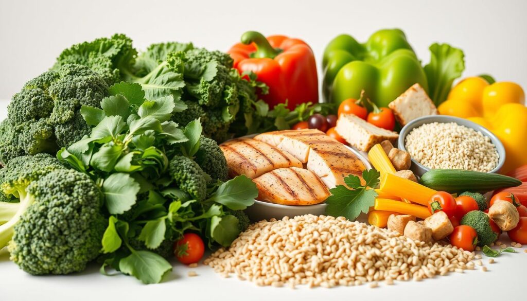 A vibrant still life showcasing a selection of nutritious foods ideal for a fat-reducing diet. In the foreground, a variety of fresh vegetables such as broccoli, spinach, and bell peppers are arranged artfully, their vibrant colors and textures contrasting beautifully. In the middle ground, lean protein sources like grilled chicken, salmon, and tofu are presented, accompanied by wholesome grains like quinoa and brown rice. The background features a clean, minimalist setting, with soft, natural lighting illuminating the scene and highlighting the healthy, nourishing ingredients. The overall composition conveys a sense of balance, simplicity, and the abundance of nutritious options available for an effective fat-reduction diet.