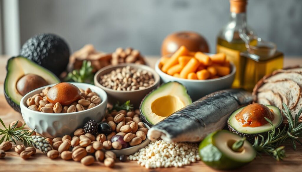 A visually appealing and informative image depicting the role of healthy fats in a weight loss diet. Showcase a clean, minimalist design with a focus on natural, whole food sources of dietary lipids. Prominently feature a variety of high-quality, nutrient-dense fats such as avocados, nuts, seeds, olive oil, and fatty fish in an artfully arranged still life composition. Utilize soft, natural lighting to create a warm, inviting atmosphere that highlights the vibrant colors and textures of the ingredients. Employ a shallow depth of field to draw the viewer's attention to the key elements. Overall, the image should convey a sense of balance, health, and the importance of incorporating healthy fats as part of a well-rounded, calorie-controlled diet.
