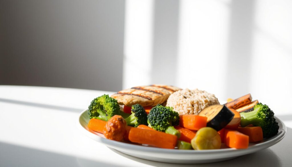 A visually appealing and nutritious meal on a plate, set against a minimalist backdrop. In the foreground, a variety of grilled or roasted vegetables, including broccoli, carrots, and zucchini, arranged in a pleasing composition. A lean protein, such as grilled chicken or baked tofu, takes center stage, accompanied by a small portion of whole grain rice or quinoa. The lighting is soft and natural, casting gentle shadows and highlighting the vibrant colors of the dish. The overall scene conveys a sense of balance, health, and culinary refinement, reflecting the principles of a "obiad na redukcji" or a weight-loss-friendly lunch. A visually appealing and nutritious meal on a plate, set against a minimalist backdrop. In the foreground, a variety of grilled or roasted vegetables, including broccoli, carrots, and zucchini, arranged in a pleasing composition. A lean protein, such as grilled chicken or baked tofu, takes center stage, accompanied by a small portion of whole grain rice or quinoa. The lighting is soft and natural, casting gentle shadows and highlighting the vibrant colors of the dish. The overall scene conveys a sense of balance, health, and culinary refinement, reflecting the principles of a "obiad na redukcji" or a weight-loss-friendly lunch.