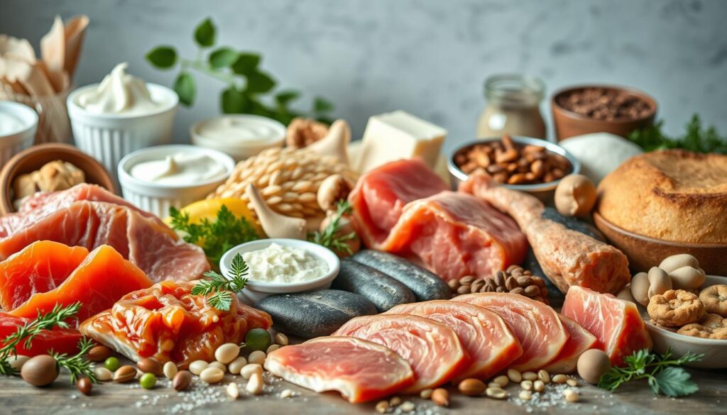 A visually striking still life depicting an assortment of high-protein food items, shot with a professional-grade camera using natural lighting and a shallow depth of field. In the foreground, a variety of meat cuts, fish fillets, and legumes are arranged in a minimalist, elegant composition. The middle ground features dairy products such as yogurt and cottage cheese, while the background showcases grains, nuts, and seeds. The overall scene exudes a sense of health, nutrition, and culinary sophistication, capturing the essence of the "Zawartość białka w produktach" section of the article.