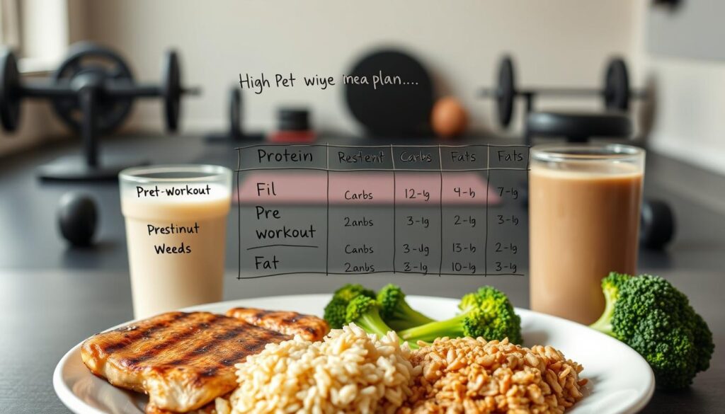 A well-balanced high-protein meal plan for muscle retention during fat loss. A clean white plate in the foreground displays a variety of nutrient-dense foods - grilled chicken, brown rice, broccoli, and a protein shake. In the middle ground, a hand-drawn diet schedule illustrates the optimal distribution of protein, carbs, and fats throughout the day, including pre- and post-workout recommendations. The background features a minimalist gym setting with weights and a yoga mat, conveying an atmosphere of discipline and focus. Soft, natural lighting casts a warm, motivating glow over the entire scene.