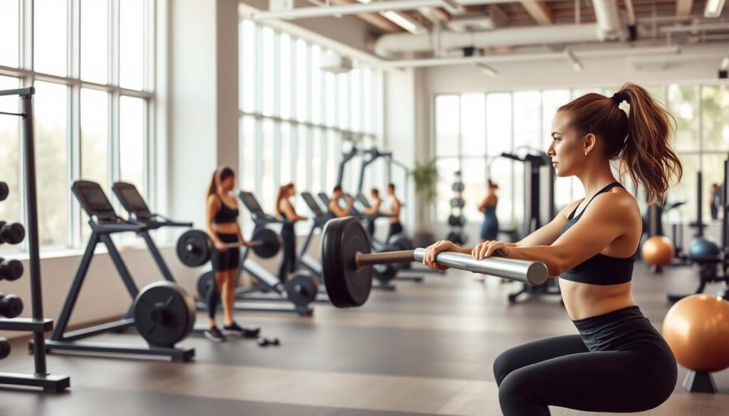 A well-equipped modern gym with large windows, filled with natural light. In the foreground, a young woman in athletic wear performs a barbell squat with perfect form, her muscles engaged. In the middle ground, a few other women use various strength training machines and free weights, their faces determined. The background shows rows of weight racks, exercise balls, and other fitness equipment, conveying a sense of a focused, productive workout environment. The scene has a balanced, harmonious composition, with clean lines and a muted color palette emphasizing the minimalist, functional aesthetic of the space.