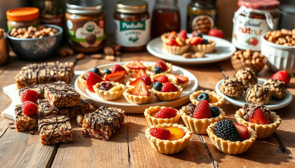 A well-lit, appetizing arrangement of healthy sweet treats on a rustic wooden table. In the foreground, an assortment of homemade energy bars, granola clusters, and nut-based protein bites, drizzled with dark chocolate and adorned with fresh berries. In the middle ground, a platter of colorful, bite-sized fruit tarts with flaky crusts and vibrant fillings. In the background, a selection of artisanal nut butters, jars of honey, and whole nuts. Soft, natural lighting casts a warm glow over the scene, evoking a sense of balance and wholesome indulgence.
