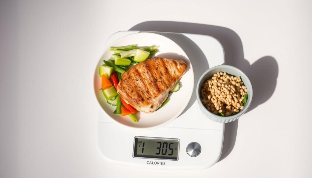 A well-lit close-up of a food scale precisely measuring a portion of healthy, low-calorie meals - a plate of steamed vegetables, a grilled chicken breast, a small bowl of quinoa. The scale's digital display shows the calorie count, highlighting the importance of portion control and calorie deficit for effective fat reduction. The background is clean and minimalist, allowing the focus to remain on the scale and the nutritious foods, conveying the core principles of a fat-burning diet. Subtle lighting from the side casts dramatic shadows, emphasizing the precision and attention to detail required for successful weight loss.