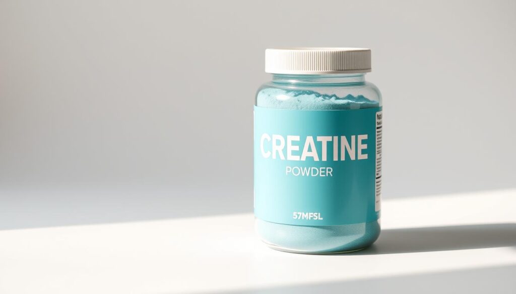 A well-lit close-up photograph of a bottle of creatine powder on a clean, white background. The creatine powder is a vibrant blue-green color, with a slight shimmer. The bottle has a simple, minimalist design with clean lines and a minimalist label. The lighting is soft and diffused, creating a warm, natural look. The angle is slightly tilted, giving the image a dynamic, professional feel. The overall mood is one of purity, quality, and scientific precision, conveying the idea of a high-performance supplement for weight loss.