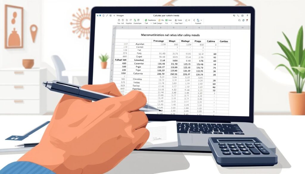 A well-lit, detailed illustration of a person calculating their caloric needs on a laptop. The foreground shows a hand holding a pen, with a notebook and calculator visible. The middle ground features the laptop screen displaying a spreadsheet or application for calculating macronutrient ratios and caloric intake. The background depicts a clean, minimalist workspace with a desk, chair, and wall decor that creates a calm, focused atmosphere. The lighting is soft and natural, highlighting the subject matter while maintaining a professional, informative tone.