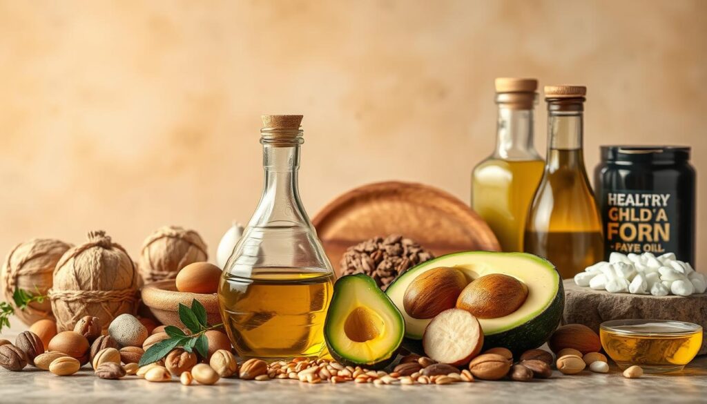 A well-lit, detailed still life composition showcasing an assortment of healthy fats and oils against a neutral, warm-toned background. The foreground features a selection of high-quality ingredients like extra virgin olive oil, avocado, nuts, and seeds, arranged in a visually appealing manner. The middle ground includes additional elements like a wooden board or stone surface, adding texture and depth. The background is softly blurred, allowing the main subjects to take center stage. The overall scene conveys a sense of balance, wholesomeness, and the importance of incorporating a variety of beneficial fats into a balanced, nutritious diet.