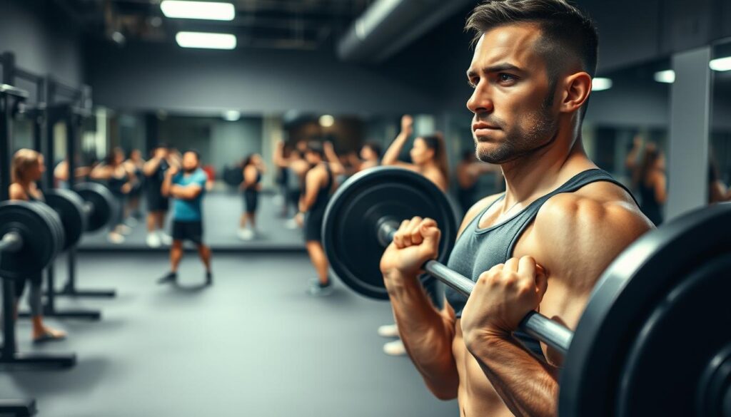 A well-lit gym interior with a weightlifter performing a barbell deadlift exercise in the foreground. The athlete has a determined expression and is wearing workout apparel. In the middle ground, other gym-goers can be seen engaging in various strength training exercises, each with a focused intensity. The background features a wall of mirrors, further emphasizing the sense of an active, energetic fitness environment. Soft, directional lighting casts dramatic shadows, highlighting the muscular movements of the lifters. The overall scene conveys a transformative atmosphere of building strength and burning fat through intense, targeted resistance training.