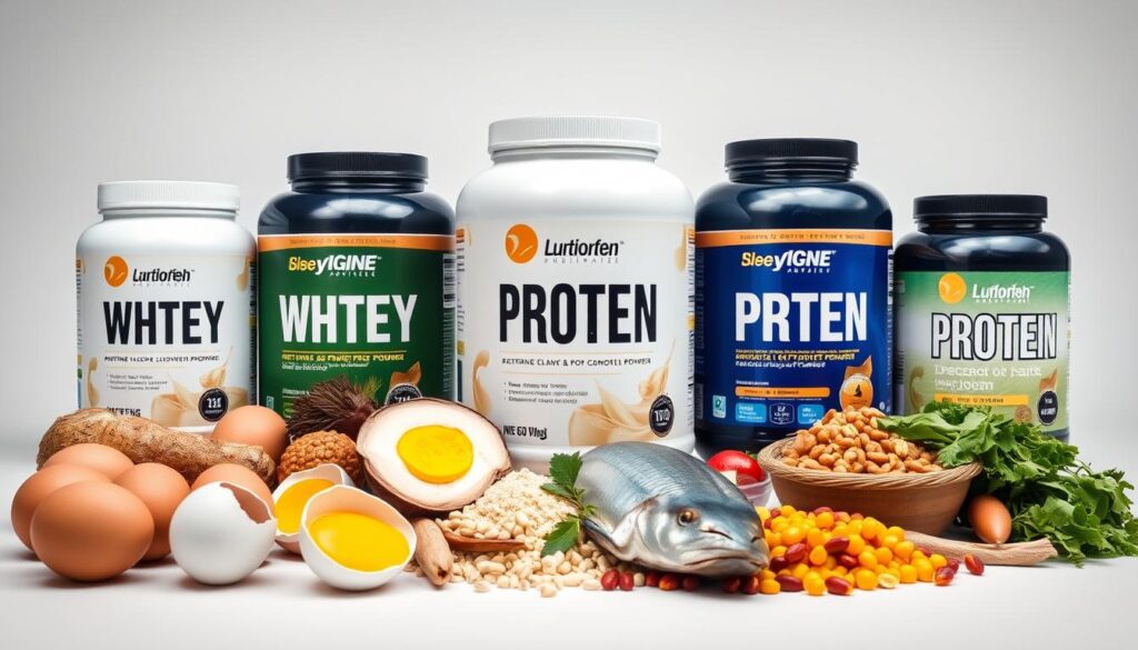 A well-lit, high-resolution image of various protein powder containers and natural protein-rich foods arranged on a clean, minimalist background. The focus is on the protein powders, showcasing their diverse flavors and sources, such as whey, casein, and plant-based options. The natural foods, such as eggs, chicken, fish, and legumes, are neatly displayed to highlight their role as alternative protein sources for fat reduction. The lighting is soft and even, creating a clean, modern aesthetic. The overall composition emphasizes the balance between supplementary and natural protein sources for an effective fat-burning diet. A well-lit, high-resolution image of various protein powder containers and natural protein-rich foods arranged on a clean, minimalist background. The focus is on the protein powders, showcasing their diverse flavors and sources, such as whey, casein, and plant-based options. The natural foods, such as eggs, chicken, fish, and legumes, are neatly displayed to highlight their role as alternative protein sources for fat reduction. The lighting is soft and even, creating a clean, modern aesthetic. The overall composition emphasizes the balance between supplementary and natural protein sources for an effective fat-burning diet.