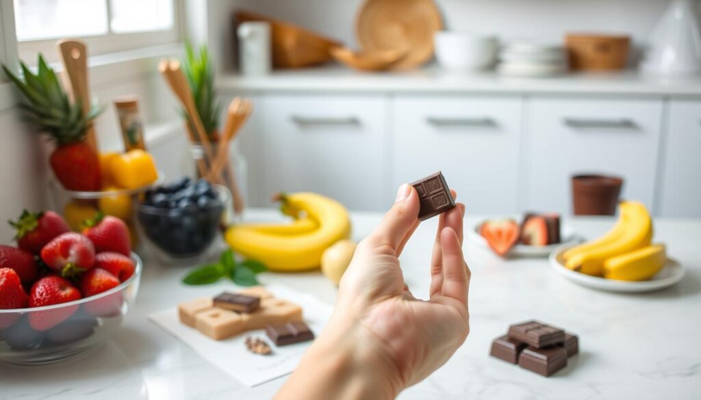 A well-lit kitchen countertop showcases an assortment of healthy snacks and desserts, including fresh fruit, dark chocolate, and portion-controlled treats. In the foreground, a hand delicately picks up a small piece of chocolate, demonstrating the mindful and controlled consumption of sweets on a diet. The background features a clean, minimalist aesthetic, emphasizing the importance of balance and moderation. The image conveys a sense of discipline, self-control, and the ability to enjoy indulgences within the parameters of a healthy lifestyle.