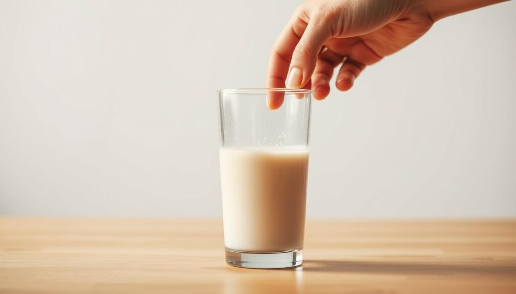 A well-lit, minimalist scene depicting the ideal time to consume protein during a weight loss regimen. In the foreground, a glass filled with a protein shake, condensation glistening on the surface, sits on a clean, wooden table. The middle ground features a person's hand reaching for the glass, conveying the idea of the optimal protein intake moment. The background is a soft, blurred environment, creating a sense of focus on the central subject. The lighting is warm and natural, accentuating the smooth, creamy texture of the protein shake. The overall mood is one of simplicity, efficiency, and a healthy approach to weight management.