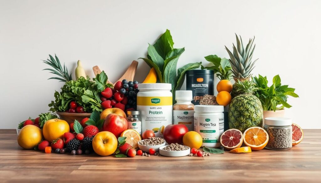 A well-lit still life arrangement showcasing an assortment of healthy, natural weight loss products on a wooden table. In the foreground, an array of fresh fruits and vegetables like apples, berries, leafy greens, and citrus fruits. In the middle ground, various supplements and superfoods such as protein powder, green tea, chia seeds, and probiotics. The background features a clean, minimal white wall, creating a crisp, uncluttered composition. The lighting is soft and diffused, highlighting the vibrant colors and textures of the products. The overall mood is clean, modern, and wellness-focused, conveying the practical, effective nature of these weight loss aids.