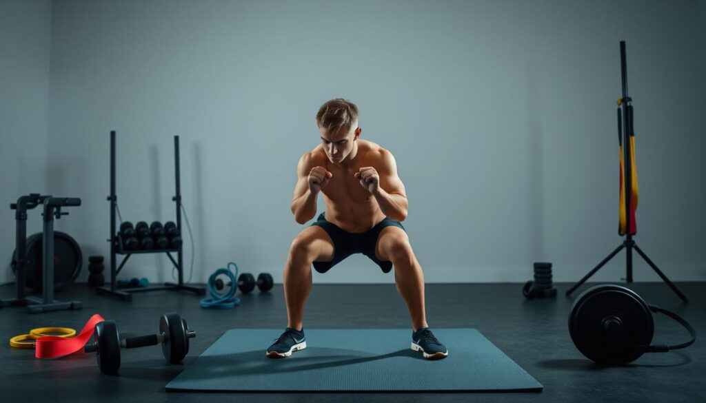 A well-lit studio scene showcasing a person performing a series of carefully executed exercises, with a focus on proper form and technique. The foreground depicts the individual in mid-motion, their muscles engaged as they execute a controlled squat or deadlift movement. The middle ground highlights complementary equipment such as dumbbells, resistance bands, and a sturdy exercise mat, all arranged in a visually pleasing and organized manner. The background features a clean, minimalist backdrop, emphasizing the subject and their dedication to the exercise routine. The overall mood is one of concentration, discipline, and the pursuit of fitness goals, exemplifying the principles of avoiding common pitfalls during a weight loss or muscle-building regimen. A well-lit studio scene showcasing a person performing a series of carefully executed exercises, with a focus on proper form and technique. The foreground depicts the individual in mid-motion, their muscles engaged as they execute a controlled squat or deadlift movement. The middle ground highlights complementary equipment such as dumbbells, resistance bands, and a sturdy exercise mat, all arranged in a visually pleasing and organized manner. The background features a clean, minimalist backdrop, emphasizing the subject and their dedication to the exercise routine. The overall mood is one of concentration, discipline, and the pursuit of fitness goals, exemplifying the principles of avoiding common pitfalls during a weight loss or muscle-building regimen.
