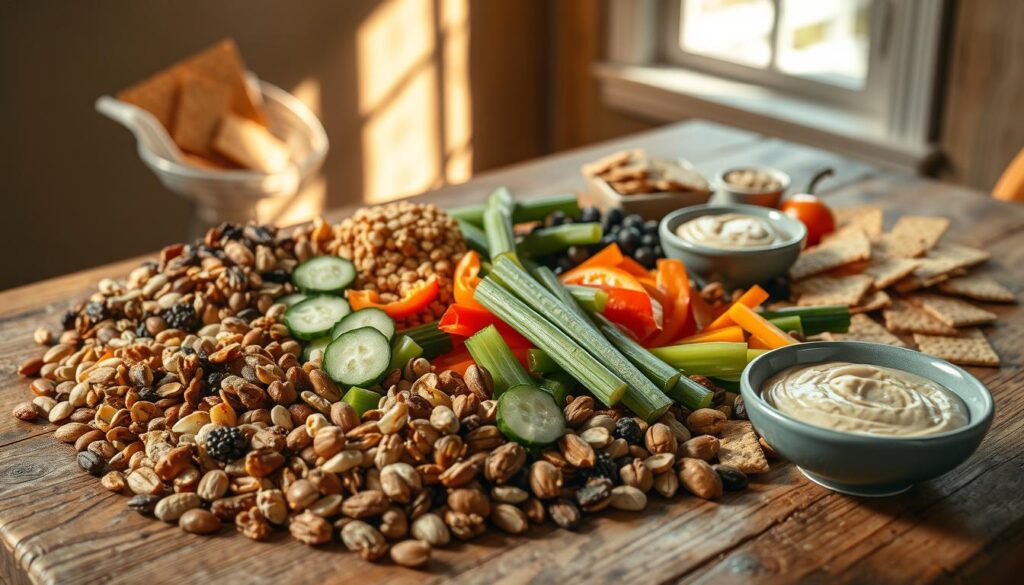 A wide assortment of low-glycemic snacks artfully arranged on a rustic wooden table. In the foreground, an assortment of nuts, seeds, and dried fruits in earthy tones. In the middle ground, sliced cucumber, celery, and bell pepper spears, their vibrant colors contrasting with the neutral backdrop. In the background, a scatter of whole-grain crackers and a small dish of hummus, casting soft shadows across the scene. Warm, natural lighting filters through a window, lending a cozy, inviting atmosphere. The image conveys a sense of health, balance, and mindful snacking.