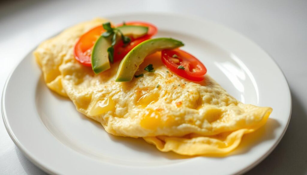 An appetizing and nutritious omelette on a weight-loss diet, resting on a clean white plate. The egg is light and fluffy, cooked to perfection, with a slightly golden-brown surface. Carefully placed on top are thin slices of avocado, fresh tomato, and a sprinkling of herbs, adding vibrant pops of color and a touch of freshness. The lighting is soft and natural, highlighting the dish's inviting appearance. The setting is simple and uncluttered, allowing the omelette to be the focal point, conveying a sense of healthfulness and restraint. This image captures the essence of a quick, protein-rich breakfast that supports weight management goals.