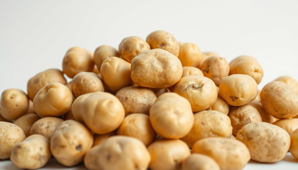 Crisp, high-resolution image of a pile of freshly harvested potatoes against a plain white background, shot with a macro lens. The potatoes are arranged neatly, showcasing their varying shapes, sizes, and natural colors ranging from pale yellow to earthy brown. Soft, directional lighting highlights the texture and sheen of the potatoes' skins, creating a sense of depth and dimensionality. The image conveys a clean, minimalist aesthetic that emphasizes the inherent qualities and nutritional value of the humble potato.