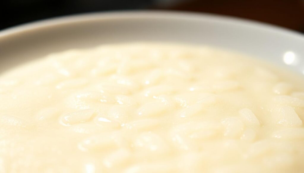 Detailed close-up of a serving of rice porridge (kleik ryżowy) on a white plate, shot with a professional camera lens. The porridge has a smooth, creamy texture and is glistening with a subtle sheen. The lighting is soft and diffused, creating a warm, appetizing atmosphere. In the foreground, the rice grains are clearly visible, showcasing their individual shapes and translucent quality. The middle ground features a clear display of the nutritional information, presented in a clean, minimalist style. The background is blurred, allowing the focus to remain on the rice porridge and its nutritional details. Detailed close-up of a serving of rice porridge (kleik ryżowy) on a white plate, shot with a professional camera lens. The porridge has a smooth, creamy texture and is glistening with a subtle sheen. The lighting is soft and diffused, creating a warm, appetizing atmosphere. In the foreground, the rice grains are clearly visible, showcasing their individual shapes and translucent quality. The middle ground features a clear display of the nutritional information, presented in a clean, minimalist style. The background is blurred, allowing the focus to remain on the rice porridge and its nutritional details.