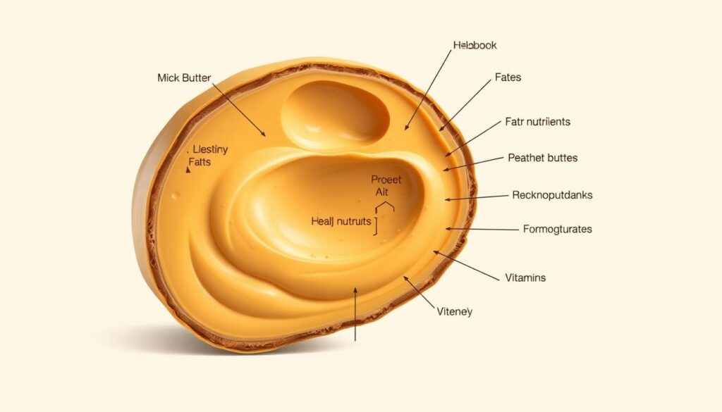Detailed cross-section illustration of peanut butter, showcasing its nutritional composition. A clean, minimalist style with muted colors and natural lighting, highlighting the various macronutrients and micronutrients present in the creamy, high-quality peanut butter. The composition should emphasize the healthy fats, proteins, carbohydrates, vitamins, and minerals that make peanut butter a nutritious addition to a weight loss diet when consumed in moderation. The image should feel informative and visually appealing, suitable for inclusion in an article on the health benefits of peanut butter.