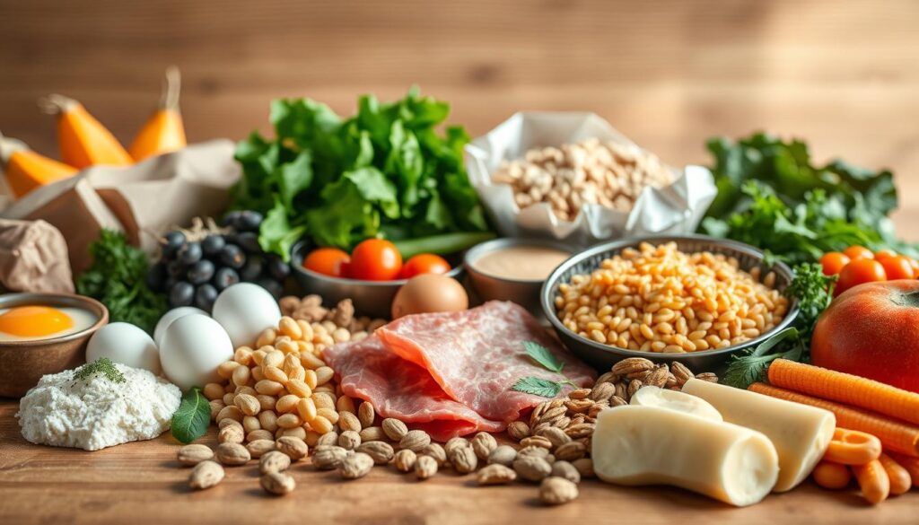 Detailed image of an assortment of high-protein foods arranged on a wooden table in a soft, natural lighting. In the foreground, focus on various protein sources like lean meats, eggs, nuts, and legumes. In the middle ground, include healthy carbohydrates like whole grains and fresh produce. Maintain a minimalist, uncluttered background to highlight the main subject. Convey a sense of balance, nutrition, and weight management through the carefully curated selection of ingredients. Capture the essence of a well-planned, protein-rich diet for effective fat loss. Detailed image of an assortment of high-protein foods arranged on a wooden table in a soft, natural lighting. In the foreground, focus on various protein sources like lean meats, eggs, nuts, and legumes. In the middle ground, include healthy carbohydrates like whole grains and fresh produce. Maintain a minimalist, uncluttered background to highlight the main subject. Convey a sense of balance, nutrition, and weight management through the carefully curated selection of ingredients. Capture the essence of a well-planned, protein-rich diet for effective fat loss.