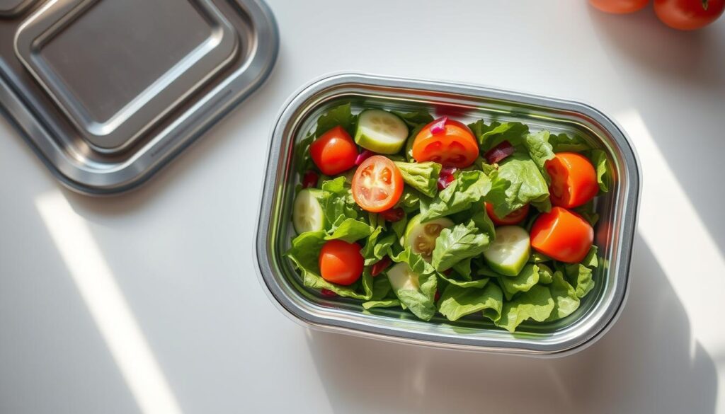 Detailed lunchbox with a healthy salad inside, shot from an overhead angle with natural lighting. The lunchbox is made of stainless steel, has a sleek, modern design with compartments for different food items. Fresh greens, tomatoes, cucumbers, and other colorful vegetables are neatly arranged in the container. The scene conveys a sense of organization, balance, and mindfulness around meal planning for weight management. The background is clean and minimalist, allowing the lunchbox to be the focal point.