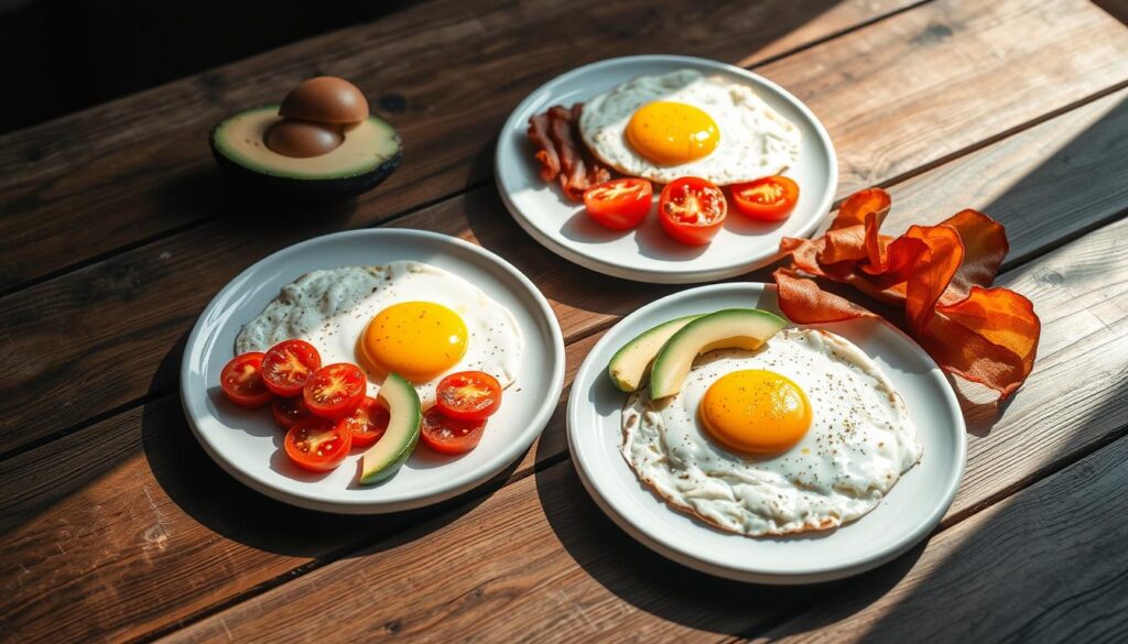 High-protein breakfast plates with sizzling eggs, grilled tomatoes, avocado slices, and crisp bacon strips, artfully arranged on a rustic wooden table. Soft natural lighting illuminates the scene, casting a warm glow on the fresh ingredients. The composition is balanced, with the vibrant colors and textures of the food creating a visually appealing and appetizing display. The atmosphere evokes a sense of simplicity and healthfulness, perfectly capturing the essence of a quick, protein-rich morning meal.