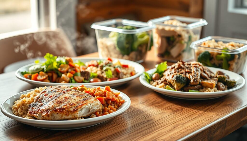 Steaming plates of high-protein meals on a wooden table, bathed in warm, natural lighting. In the foreground, a grilled chicken breast with roasted vegetables and a side of quinoa. In the middle, a hearty beef and lentil stew accompanied by a crisp salad. In the background, glass meal prep containers filled with lean turkey, brown rice, and broccoli. The scene exudes a sense of healthy, fitness-focused dining, perfectly aligned with the "high-protein meals for fat-burning" theme. Steaming plates of high-protein meals on a wooden table, bathed in warm, natural lighting. In the foreground, a grilled chicken breast with roasted vegetables and a side of quinoa. In the middle, a hearty beef and lentil stew accompanied by a crisp salad. In the background, glass meal prep containers filled with lean turkey, brown rice, and broccoli. The scene exudes a sense of healthy, fitness-focused dining, perfectly aligned with the "high-protein meals for fat-burning" theme.