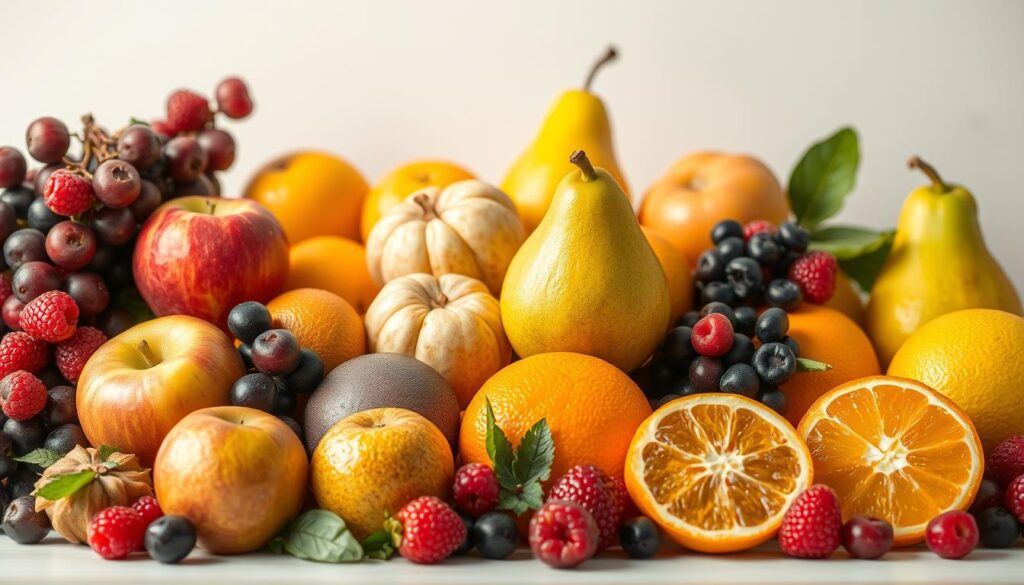 Vibrant assortment of fiber-rich fruits against a light, airy backdrop. A visually striking still life with crisp, high-resolution details. Lush, ripe produce - apples, pears, oranges, berries - arranged in a visually appealing composition. Warm, natural lighting illuminates the vivid colors and textures of the nutritious, weight-loss supporting fruits. Captured from a slightly elevated angle to emphasize the bountiful, healthy abundance. A clean, minimalist setting that allows the wholesome, high-fiber ingredients to be the focal point.