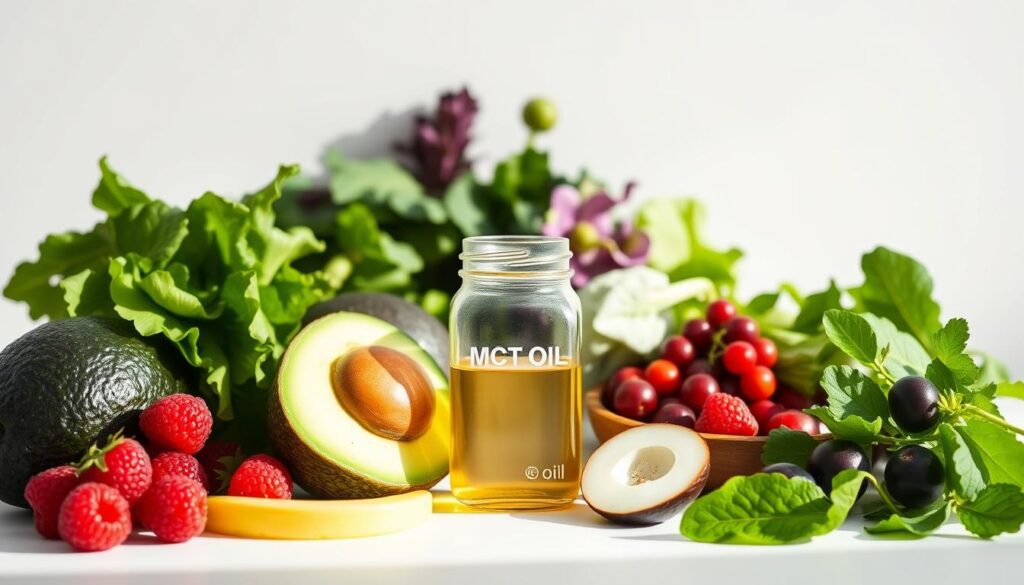 A beautifully lit, minimalist still life showcasing the key benefits of the ketogenic diet. In the foreground, a selection of fresh produce - avocados, leafy greens, and berries - arranged in a visually striking composition. The middle ground features a glass jar filled with MCT oil, symbolizing the ketogenic emphasis on healthy fats. In the background, a clean, white backdrop allows the subject to take center stage, conveying a sense of clarity and simplicity. The overall mood is one of balance, wellness, and the vibrant vitality associated with the ketogenic lifestyle.