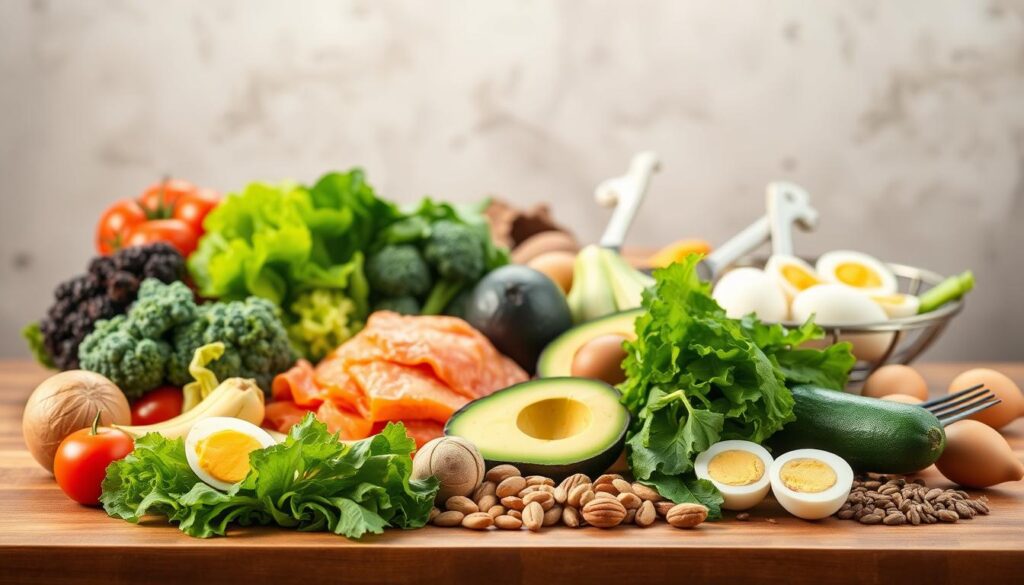 A bountiful display of low-carb food items arranged on a wooden table, bathed in warm, natural lighting. In the foreground, an array of fresh vegetables such as leafy greens, broccoli, and zucchini. Behind them, various protein sources including chicken, salmon, and hard-boiled eggs. In the middle ground, a selection of healthy fats like avocado, nuts, and seeds. The background features a minimalist, rustic backdrop, complementing the wholesome, nutrient-dense spread. The composition evokes a sense of balance, simplicity, and the vibrant colors of a nourishing, low-carbohydrate dietary lifestyle. A bountiful display of low-carb food items arranged on a wooden table, bathed in warm, natural lighting. In the foreground, an array of fresh vegetables such as leafy greens, broccoli, and zucchini. Behind them, various protein sources including chicken, salmon, and hard-boiled eggs. In the middle ground, a selection of healthy fats like avocado, nuts, and seeds. The background features a minimalist, rustic backdrop, complementing the wholesome, nutrient-dense spread. The composition evokes a sense of balance, simplicity, and the vibrant colors of a nourishing, low-carbohydrate dietary lifestyle.