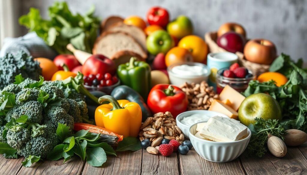 A bountiful still life featuring an assortment of healthy, diabetes-friendly products arranged on a rustic wooden table. In the foreground, a variety of fresh vegetables such as broccoli, spinach, and bell peppers. In the middle ground, whole-grain breads, nuts, and low-fat dairy items like yogurt and cheese. The background showcases vibrant fruits like berries, citrus, and apples. Soft, natural lighting illuminates the scene, highlighting the vibrant colors and textures of the nutritious, carefully selected ingredients. The overall composition conveys a sense of balance, health, and culinary delight suitable for a diabetic-friendly diet.