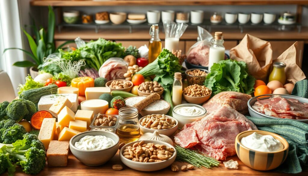 A bountiful table filled with a vibrant array of keto-friendly foods, bathed in soft, natural lighting. In the foreground, a selection of low-carb vegetables such as broccoli, zucchini, and leafy greens. Alongside, an assortment of high-fat dairy products like cheese and heavy cream. In the middle ground, a variety of nuts, seeds, and healthy oils. In the background, a selection of protein-rich meats, fish, and eggs. The scene exudes a sense of abundance and balance, inviting the viewer to explore the diverse and nutritious options available on the ketogenic diet.