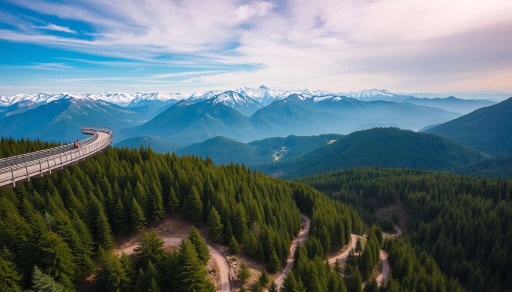 A breathtaking aerial view of the stunning natural landscape of Dolní Morava, Czech Republic. The frame captures the iconic Sky Walk, an elevated walkway that winds through the lush, verdant forest canopy, offering visitors a unique bird's-eye perspective. The mid-ground showcases the picturesque mountains, their peaks adorned with a dusting of snow, creating a serene and dramatic backdrop. In the foreground, the winding paths and trails meander through the rugged terrain, inviting exploration. The scene is bathed in soft, warm lighting, creating a sense of tranquility and wonder. The image conveys the awe-inspiring beauty and adventurous spirit of Dolní Morava, a true natural wonder.