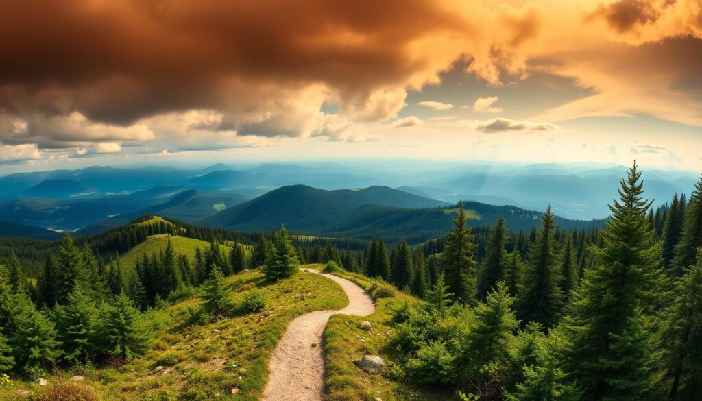 A breathtaking panorama of the picturesque hiking trails in Karpacz, nestled amidst the majestic Karkonosze Mountains. In the foreground, a well-marked path winds through a lush, verdant forest, leading hikers towards the distant peaks. The middle ground features a series of gentle slopes and ridges, dotted with clusters of evergreen trees and dotted with snow-capped summits. In the background, a dramatic, cloud-kissed sky provides a stunning backdrop, casting a warm, golden glow over the entire scene. The lighting is soft and natural, capturing the serene and tranquil atmosphere of this outdoor wonderland. The overall composition conveys a sense of adventure, inviting viewers to explore the captivating hiking trails that Karpacz has to offer.