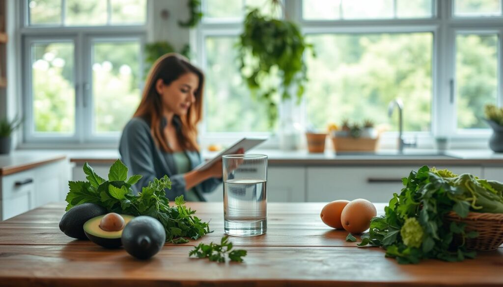 A bright, airy kitchen interior with a clean, modern aesthetic. In the foreground, a wooden table is set with a variety of keto-friendly ingredients: avocados, leafy greens, fresh herbs, and a glass of water. In the middle ground, a woman in casual, comfortable clothing sits at the table, her expression thoughtful as she reads from a tablet or cookbook. The background features large windows overlooking a lush, green outdoor scene, flooding the space with natural light. The overall mood is calming, inviting, and conducive to healthy meal preparation. The lighting is soft and diffused, creating a warm, welcoming atmosphere.