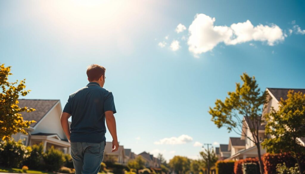 A bright, sunny day in a peaceful suburban neighborhood. In the foreground, a person in casual clothing is walking down a sidewalk, lost in thought. In the middle ground, a row of well-manicured houses with lush gardens line the street. The background features a cloudless blue sky, with a few fluffy white clouds drifting lazily overhead. Warm, golden sunlight filters through the trees, casting a soft, natural glow on the scene. The overall atmosphere conveys a sense of tranquility and relaxation, reflecting the idea of taking a leisurely stroll while under the care of antibiotics.