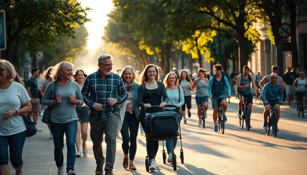 A bustling city street at dawn, with people of all ages and fitness levels out for their morning walk. The sunlight filters through the trees, casting warm, golden hues on the scene. In the foreground, a group of friends chat animatedly as they stroll, their steps measured and purposeful. In the middle ground, a young mother pushes a stroller, her pace brisk as she takes in the fresh air. In the background, joggers and cyclists weave through the pedestrians, their movements a testament to the various ways in which walking can influence one's metabolism. The overall atmosphere is one of wellness and vitality, highlighting the impact that a simple walk can have on the body's natural processes.
