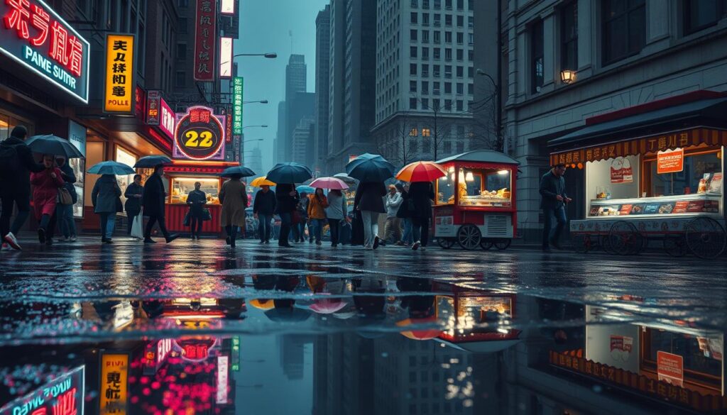A bustling city street on a rainy day, with people scurrying under colorful umbrellas and raincoats. In the foreground, puddles reflect the neon signs and streetlights, creating a mesmerizing interplay of light and shadow. In the middle ground, vendors sell hot drinks and snacks from cozy street carts, their bright awnings adding pops of color to the scene. In the background, tall buildings loom, their windows illuminated, suggesting the vibrant life within. The overall atmosphere is moody and atmospheric, with a soft, diffused lighting that gives the image a dreamlike quality.