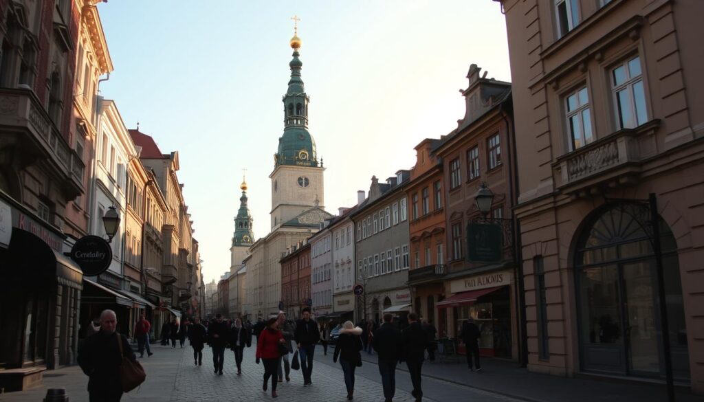 A bustling street in the heart of Warsaw, sunlight filtering through the ornate facades of historic buildings. In the foreground, pedestrians stroll along the cobblestone path, pausing to admire the intricate architectural details. Towering church spires punctuate the skyline, their gilded domes glimmering in the warm afternoon light. The scene evokes a sense of timeless charm, inviting the viewer to discover the hidden gems and enchanting corners that make up the Skarby Warszawy, the treasures of Warsaw. A bustling street in the heart of Warsaw, sunlight filtering through the ornate facades of historic buildings. In the foreground, pedestrians stroll along the cobblestone path, pausing to admire the intricate architectural details. Towering church spires punctuate the skyline, their gilded domes glimmering in the warm afternoon light. The scene evokes a sense of timeless charm, inviting the viewer to discover the hidden gems and enchanting corners that make up the Skarby Warszawy, the treasures of Warsaw.