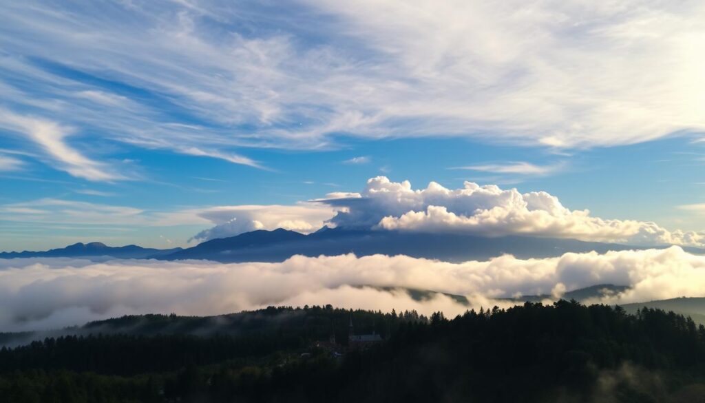 A captivating vista of Krynica's unique clouds-scape. In the foreground, wispy cirrus clouds gently drift across a azure sky, casting delicate shadows upon the rolling hills below. The midground features a picturesque town nestled amidst lush, verdant forests, its quaint architecture and spires peeking through the ethereal veil of mist. In the background, majestic mountains rise up, their peaks shrouded in billowing cumulus formations, creating an otherworldly, dreamlike atmosphere. Warm, golden sunlight filters through the clouds, illuminating the landscape with a soft, ethereal glow. The scene conveys a sense of tranquility, wonder and profound connection with nature's splendor. Captured with a wide-angle lens to emphasize the vast, expansive feel of the vista.